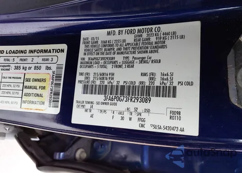 2015 Ford Fusion S z USA, uszkodzony, nr VIN 3FA6P0G73FR293089